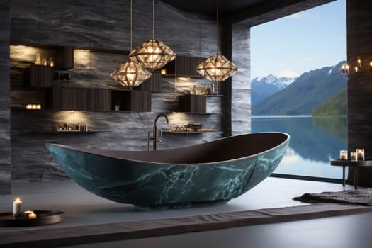 Floating Opulence a freestanding marble bathtub exuding a sense of luxury. Generative AI.