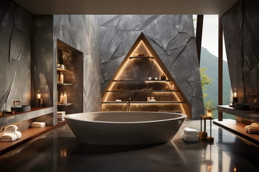 A hexagonal white marble bathtub nestled within a geometrically designed bathroom. Generative AI.