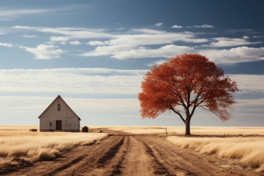 Minimalism large two-story barn in field with trees. Generative AI.