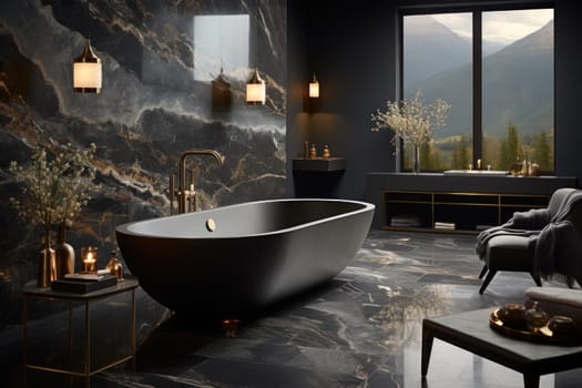 Monochromatic Charm: A black marble bathtub in a contemporary bathroom. Generative AI.