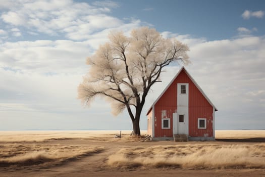 Minimalism large two-story barn in field with trees. Generative AI.