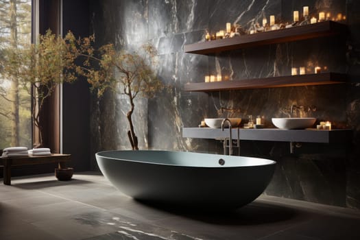 Floating Opulence a freestanding marble bathtub exuding a sense of luxury. Generative AI.