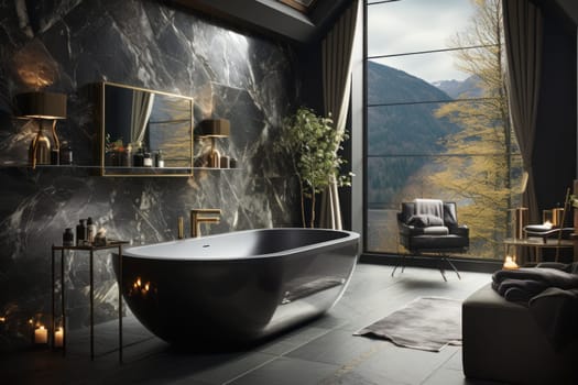 Monochromatic Charm: A black marble bathtub in a contemporary bathroom. Generative AI.