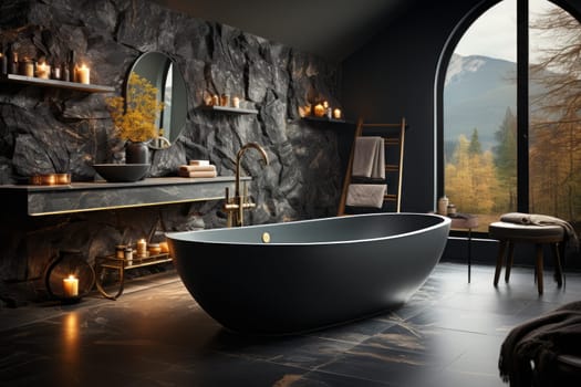 Monochromatic Charm: A black marble bathtub in a contemporary bathroom. Generative AI.