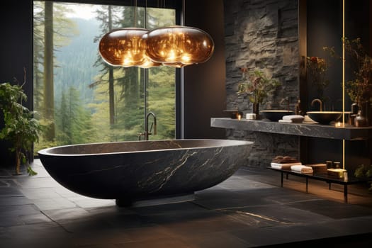 Floating Opulence a freestanding marble bathtub exuding a sense of luxury. Generative AI.