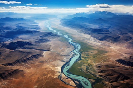 View from orbit of a lush river delta in the middle of a desert. Generative AI.