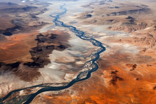 View from orbit of a lush river delta in the middle of a desert. Generative AI.