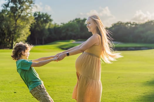 Heartwarming outdoor bonding as a pregnant mom and her son enjoy quality time together, savoring the beauty of nature and creating cherished moments.