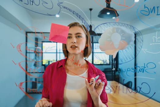 Closeup of attractive smart caucasian businesswoman brainstorms and planing marketing idea by using mind map and colorful sticker on glass board. Creative start up business concept. Immaculate.