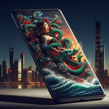 traditional asian woman wear kimono silky dress dance with dragon in chinese new year, background shanghai city skyline come out of phone screen on a desk