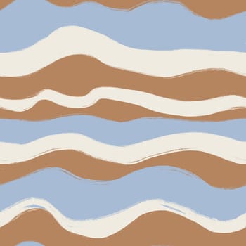 Hand drawn seamless pattern with beige brown and blue waves curves, abstract pattern. Dune desert theme neutral muted ornament, elegant simple fabric background, nature natural print
