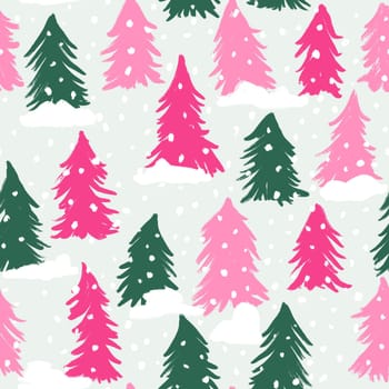 Hand drawn seamless pattern with green pink Christmas trees. New year holiday december greeting decor, nordic scandinavian traditional wrapping paper print, green pine conifer spruce forest