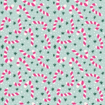 hand drawn seamless Christmas pattern with pink candy canes green snowflakes. Winter holiday festive celebration, cute funny7 snow on mint background, seasonal decoration print