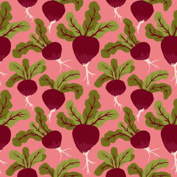 Hand drawn seamless pattern with red beetroot beet green leaves. Vegetables harvest vegan vegetarian food, colorful kitchen food print on orange background, nutrition diet healthy cooking