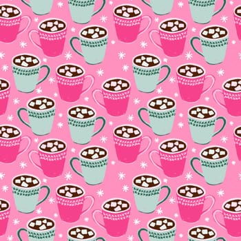Hand drawn seamless pattern with pink green christmas cocoa hot chocolate beverage. Cute coffee cup mug drink with snow snowflakes on bright background, winter festive holiday food kitchen