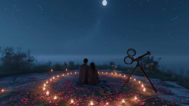 young couple looking out to romantic night sky in valentines day pragma