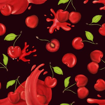 Vibrant, juicy cherries in a seamless watercolor pattern. Ideal for kitchen decor, recipes, textiles, jam labels, aprons, packaging, juices, cherry sweets, and gum.