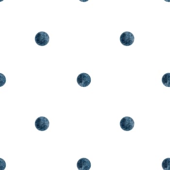 Watercolor seamless pattern of blue dots on a white background. Simple drops, brush strokes in the shape of a circle. Handmade dotted background pattern in minimalism and boho style. For printing on fabrics and bed linen.