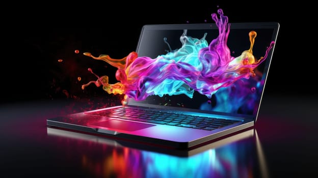 Laptop with color splash on black background AI