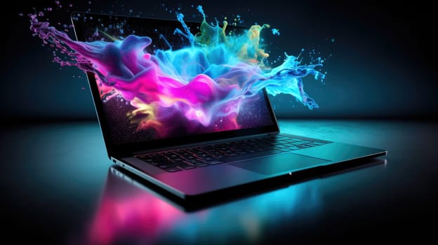 Laptop with color splash on black background AI