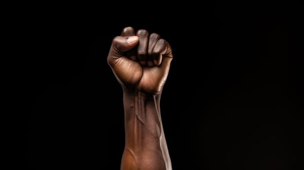 African man raises his fist up on a black background. AI