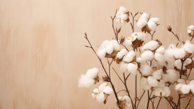 Dried fluffy cotton flower branch on a beige background AI