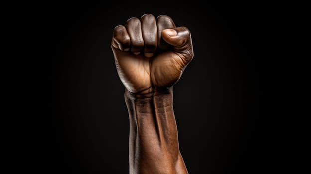 African man raises his fist up on a black background. AI