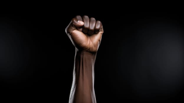 African man raises his fist up on a black background. AI