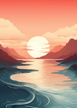 Serene Sunset: A Majestic Landscape Painting at the Horizon, where the Ocean Meets the Sky, Illustrating a Beautiful Summer Evening on a Tropical Paradise Island