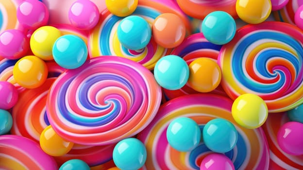 Lollipop candy background in vibrant colors. Colorful birthday party background. AI