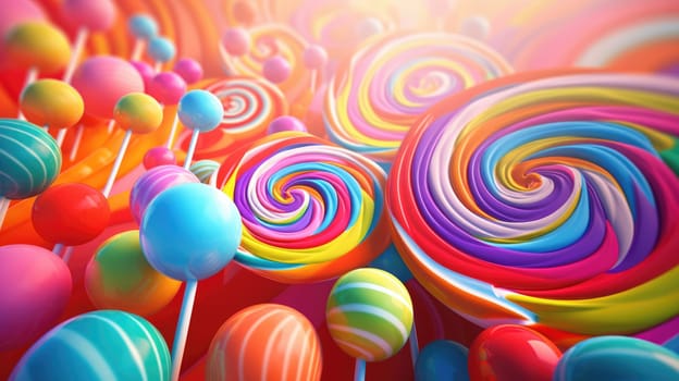 Lollipop candy background in vibrant colors. Colorful birthday party background. AI