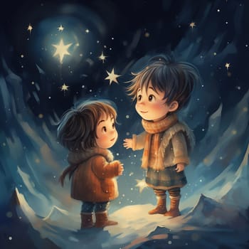 girl and a boy under the starry sky. Children's friendship concept, secret, trust, secrecy, world exploration.