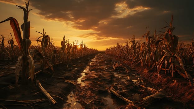 An image of a dry, gloomy cornfield at sunset.