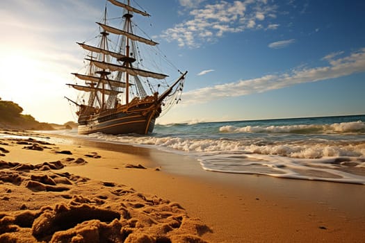 A large wooden ship with white sails off the coast during the day.