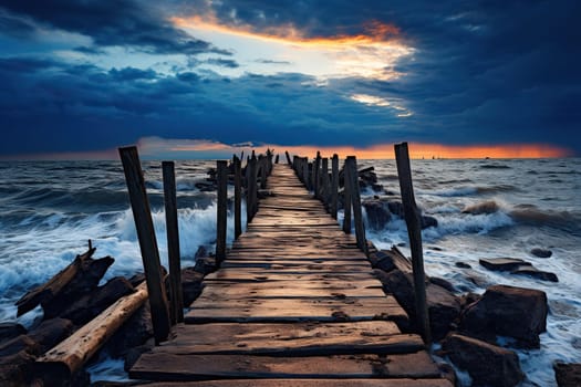 Old wooden pier in the stormy sea at sunset.