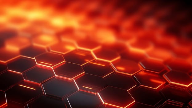 Abstract background with black glowing honeycomb hexagons and fiery orange backlight.