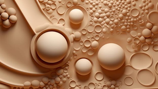 Beautiful luxury creative 3D modern abstract light background consisting of creamy beige balls and spheres with light digital effect, copy space, cosmetics or cream sample