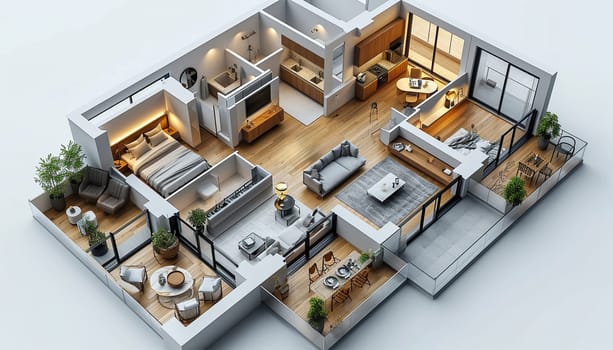 House plan 3d. 3d house plan. Floorplanner. Floor plan. Isometric view living room open inside interior architecture 3d rendering digital art. Modern interior plan house or apartment white background