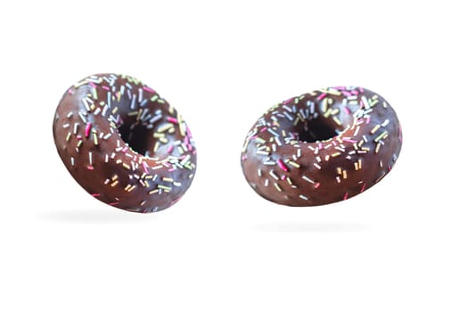 Sweet chocolate donuts with sprinkles isolated on white background, Delicious colorful chocolate donut