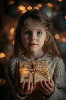 girl holding a box with a gift in her hands. selective focus. Generative AI,