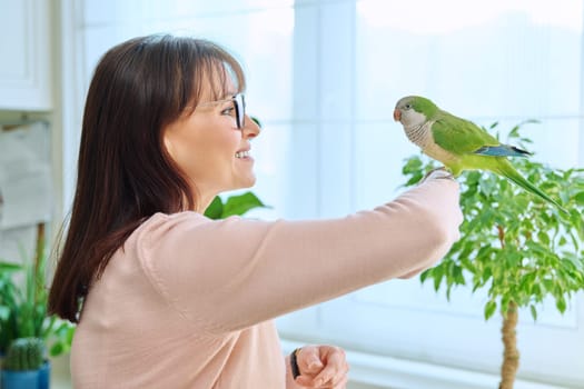 Middle aged woman bird owner holding green quaker parrot on hand, tropical birds pets