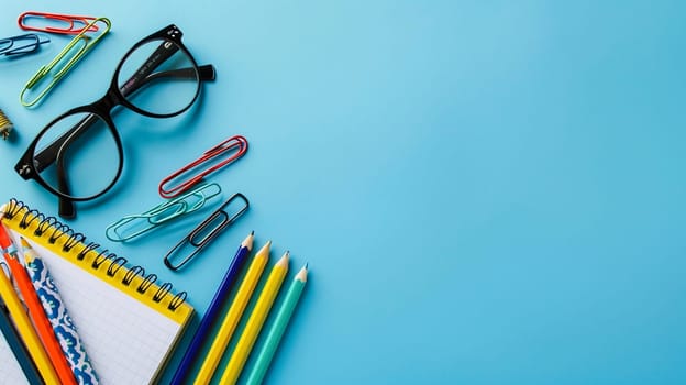 Stationery on blue background. objects selective focus. Generative AI,