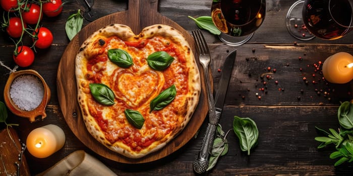 Heart shaped pizza for Valentines day on dark rustic wooden background pragma