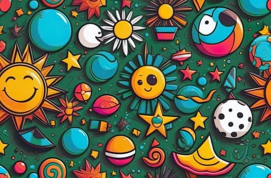 abstract summer comic characters elements and shapes bright colors cartoon style.