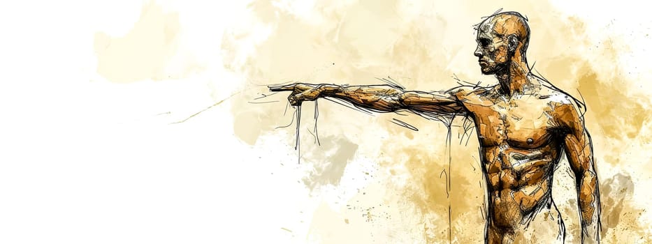 sketch of a male figure with extended arm, rendered in dynamic strokes and earth tones, embodying both strength and fragility. banner with copy space