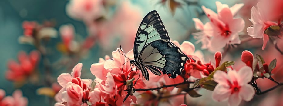 Beautiful butterflies on delicate pink flowers. Nature selective focus. Generative AI,