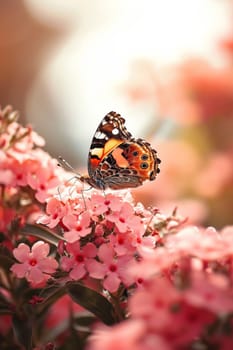 Beautiful butterflies on delicate pink flowers. Nature selective focus. Generative AI,