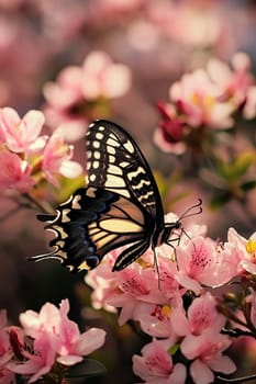 Beautiful butterflies on delicate pink flowers. Nature selective focus. Generative AI,