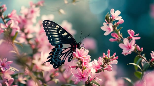 Beautiful butterflies on delicate pink flowers. Nature selective focus. Generative AI,