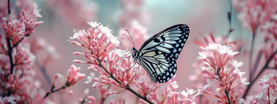 Beautiful butterflies on delicate pink flowers. Nature selective focus. Generative AI,